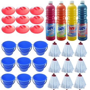 Pachet - 9 x Galeata din plastic, Cu maner, Albastra, 10L + 9 x Capac din plastic, Pentru galeata, 10L + 9 x Mop bumbac, 160g + 4 x Solutie pardoseli, Asevi, 1L (1x Mio, 1x Ceara Parchet, 1x Pin, 1x Portocale) Pachet - 9 x Galeata din plastic, Cu maner, Albastra, 10L + 9 x Capac din plastic, Pentru galeata, 10L + 9 x Mop bumbac, 160g + 4 x Solutie pardoseli, Asevi, 1L (1x Mio, 1x Ceara Parchet, 1x Pin, 1x Portocale)