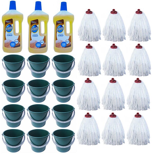 Pachet - 12 x Galeata plastic, Verde inchis, 5L + 3 x Pronto lemn curat, 750ml + 12 x Mop bumbac, 250g