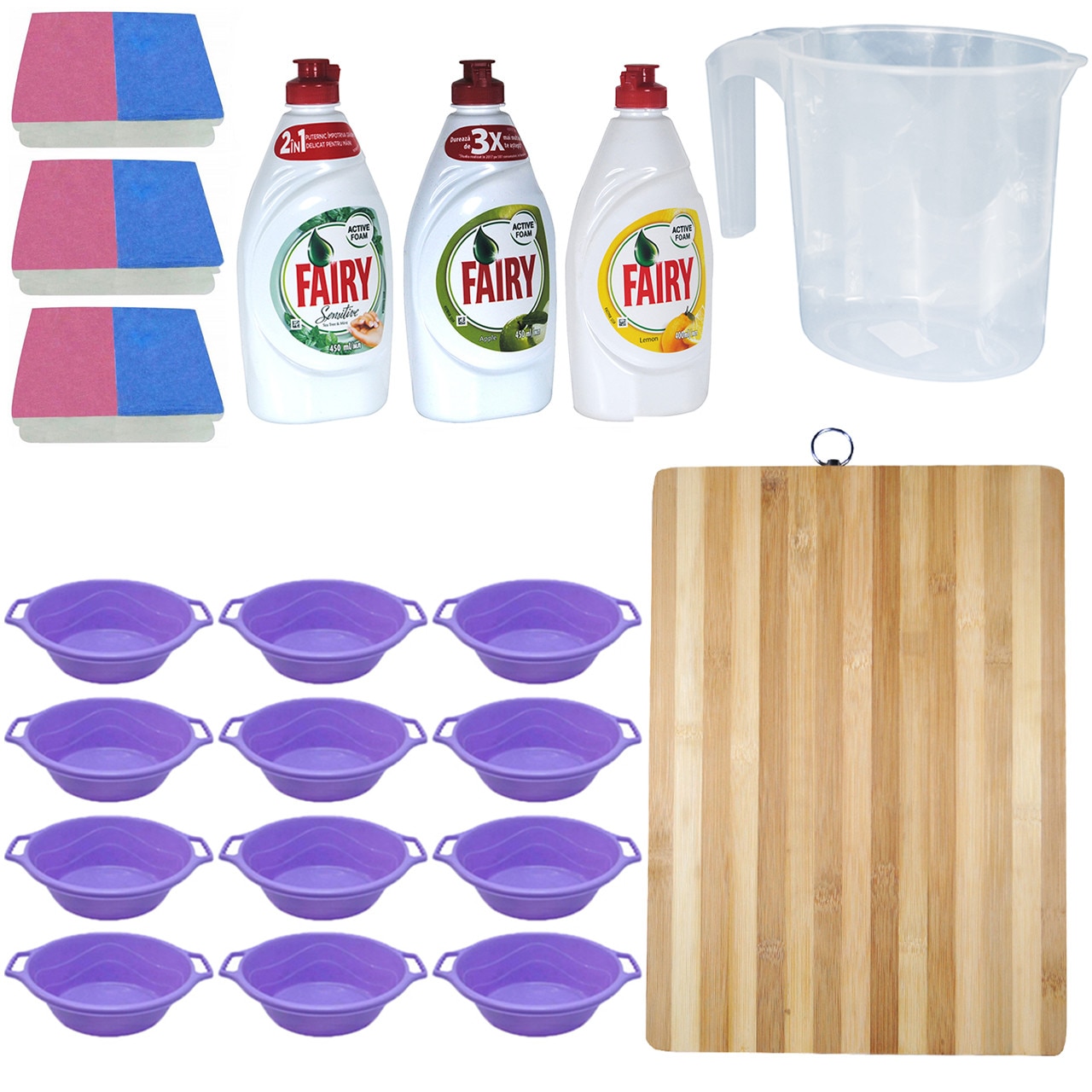 Pachet - 12 x Lighean oval din plastic cu manere, 4L + 3 x Set Bureti de vase, 2buc/set + 3 x Detergent vase Fairy, 450ml (lamaie, mar verde, menta) + Tocator din lemn, 38x28cm + Cana gradata din plastic transparent, 1L