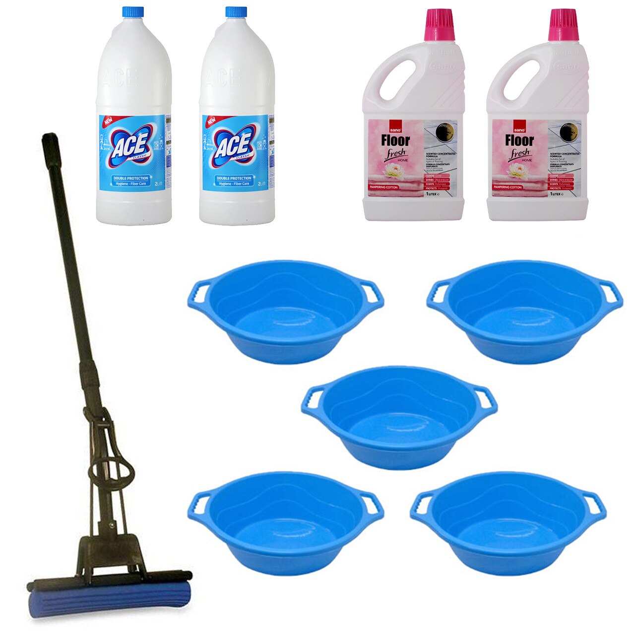 Pachet - 5 x Lighean oval din plastic cu manere, 6L + 2 x Ace Universal, 2L + 2 x Sano Floor Fresh Home, 1L + Mop PVA cu coada telescopica si storcator