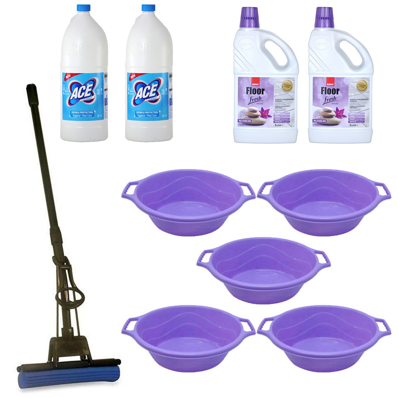 Pachet - 5 x Lighean oval din plastic cu manere, 8L + 2 x Ace Universal, 2L + 2 x Sano Floor Fresh, 1L + Mop PVA cu coada telescopica si storcator