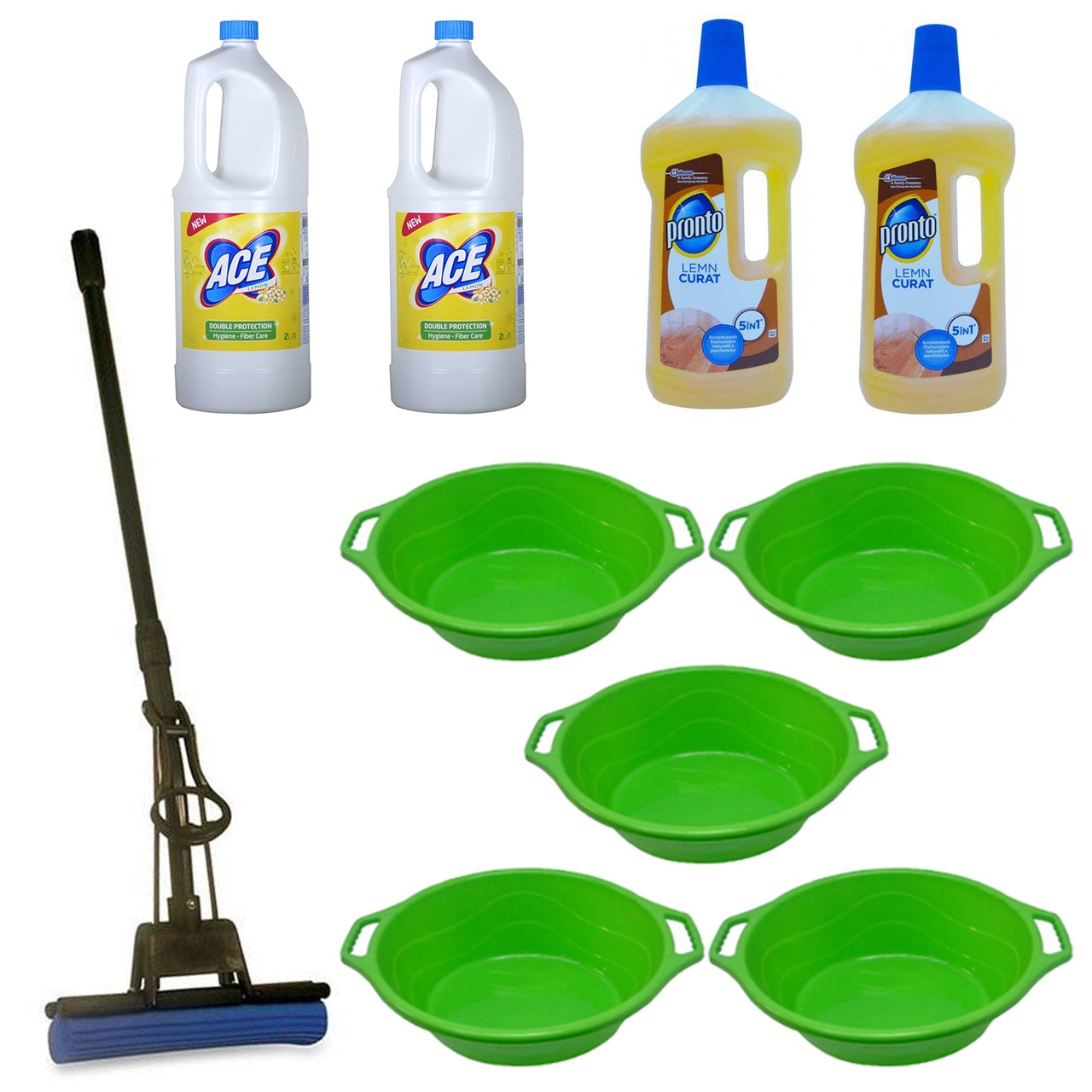 Pachet - 5 x Lighean oval din plastic cu manere, 16L + 2 x Ace Lemon, 2L + 2 x Pronto pentru lemn, 750ml + Mop PVA cu coada telescopica si storcator