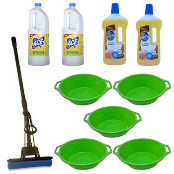 Pachet - 5 x Lighean oval din plastic cu manere, 16L + 2 x Ace Lemon, 2L + 2 x Pronto pentru lemn, 750ml + Mop PVA cu coada telescopica si storcator Pachet - 5 x Lighean oval din plastic cu manere, 16L + 2 x Ace Lemon, 2L + 2 x Pronto pentru lemn, 750ml + Mop PVA cu coada telescopica si storcator