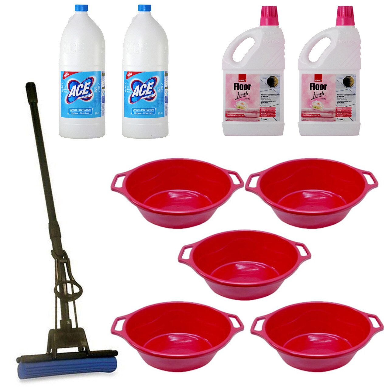 Pachet - 5 x Lighean oval din plastic cu manere, 12L + 2 x Ace Universal, 2L + 2 x Sano Floor Fresh, 1L + Mop PVA cu coada telescopica si storcator