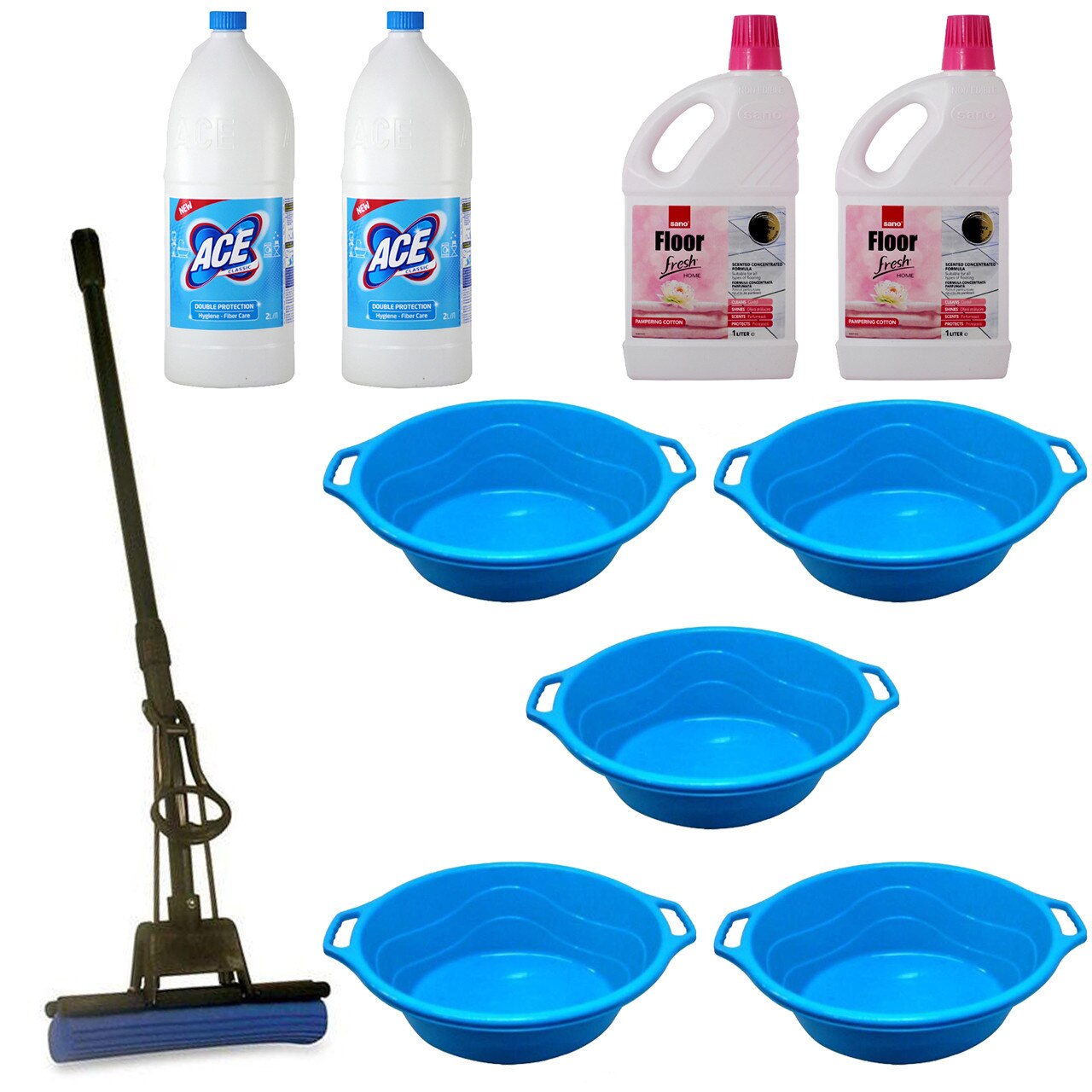 Pachet - 5 x Lighean oval din plastic cu manere, 25L + 2 x Ace Universal, 2L + 2 x Sano Floor Fresh Home, 1L + Mop PVA cu coada telescopica si storcator