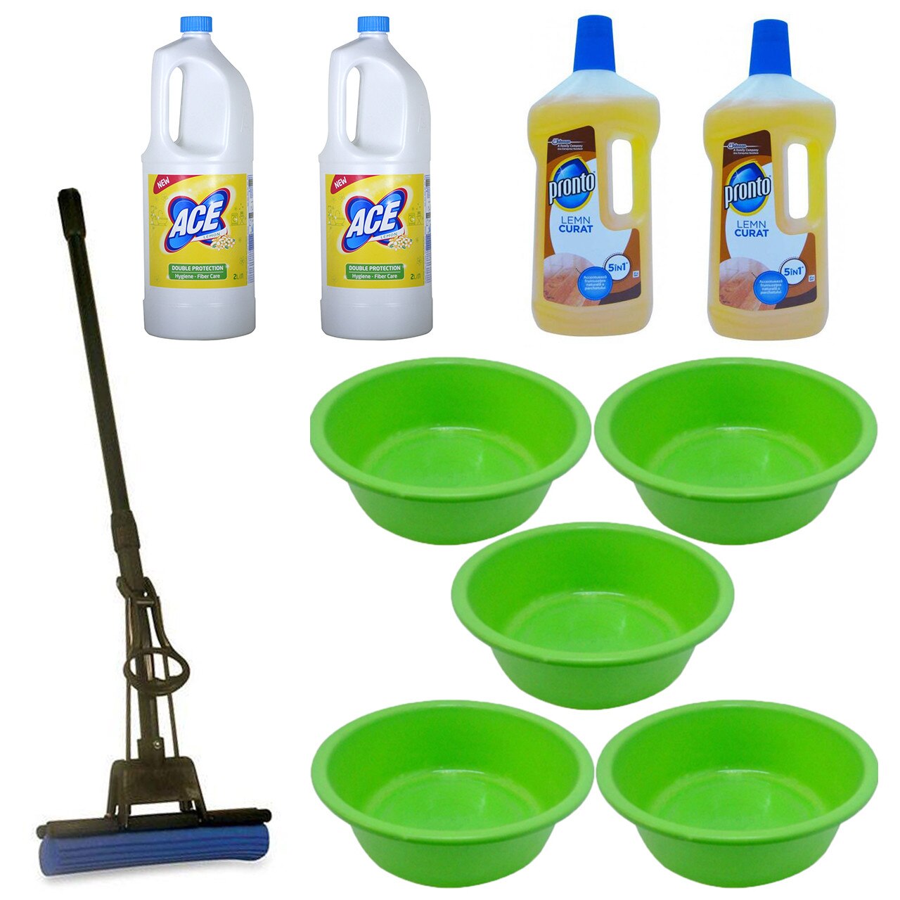 Pachet - 5 x Lighean rotund din plastic, 6L + 2 x Ace Lemon, 2L + 2 x Pronto pentru lemn, 750ml + Mop PVA cu coada telescopica si storcator