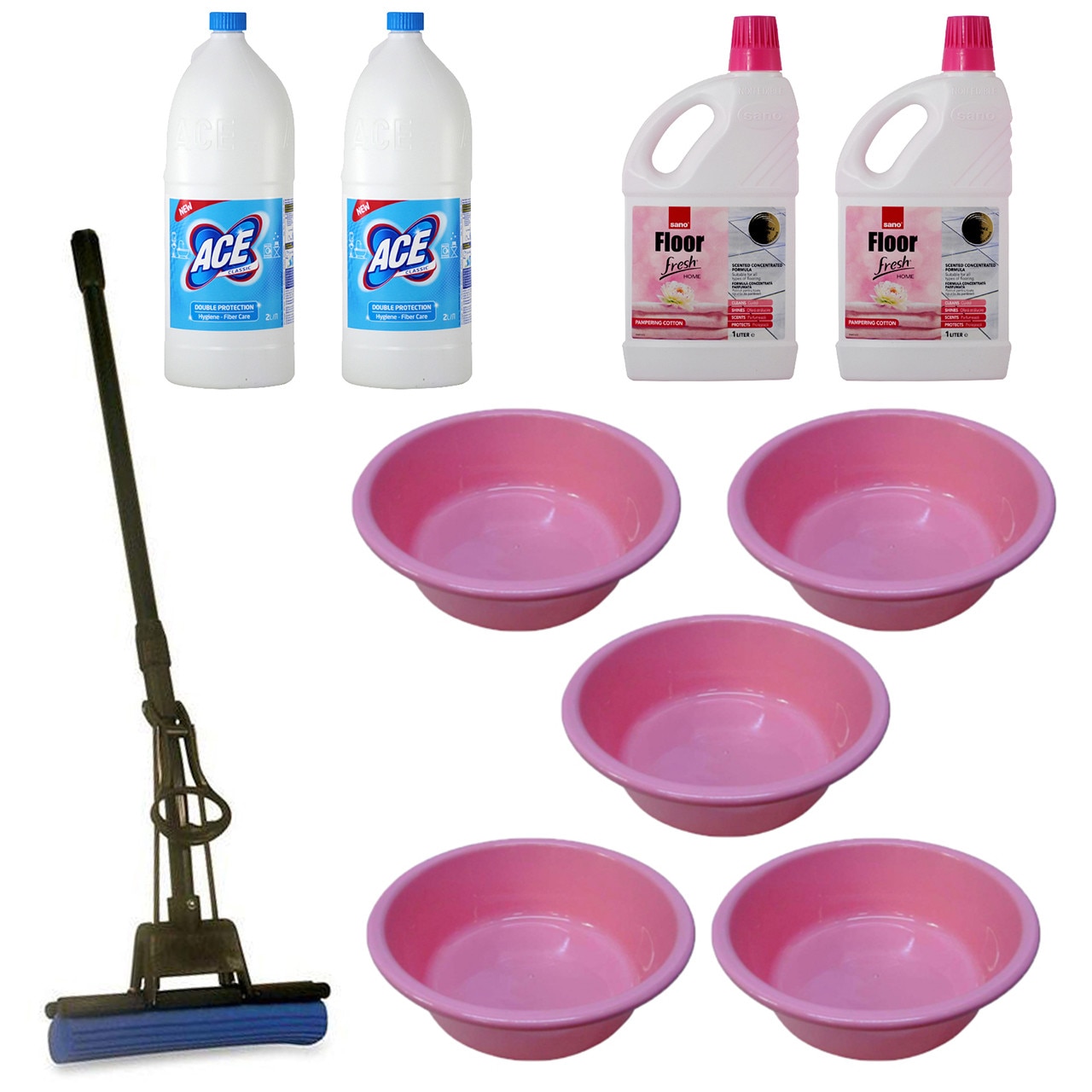 Pachet - 5 x Lighean rotund din plastic, 8L + 2 x Ace Universal, 2L + 2 x Sano Floor Fresh, 1L + Mop PVA cu coada telescopica si storcator