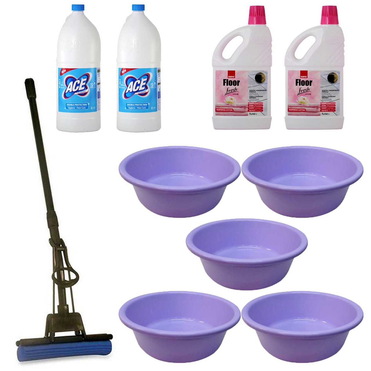 Pachet - 5 x Lighean rotund din plastic, 12L + 2 x Ace Universal, 2L + 2 x Sano Floor Fresh, 1L + Mop PVA cu coada telescopica si storcator