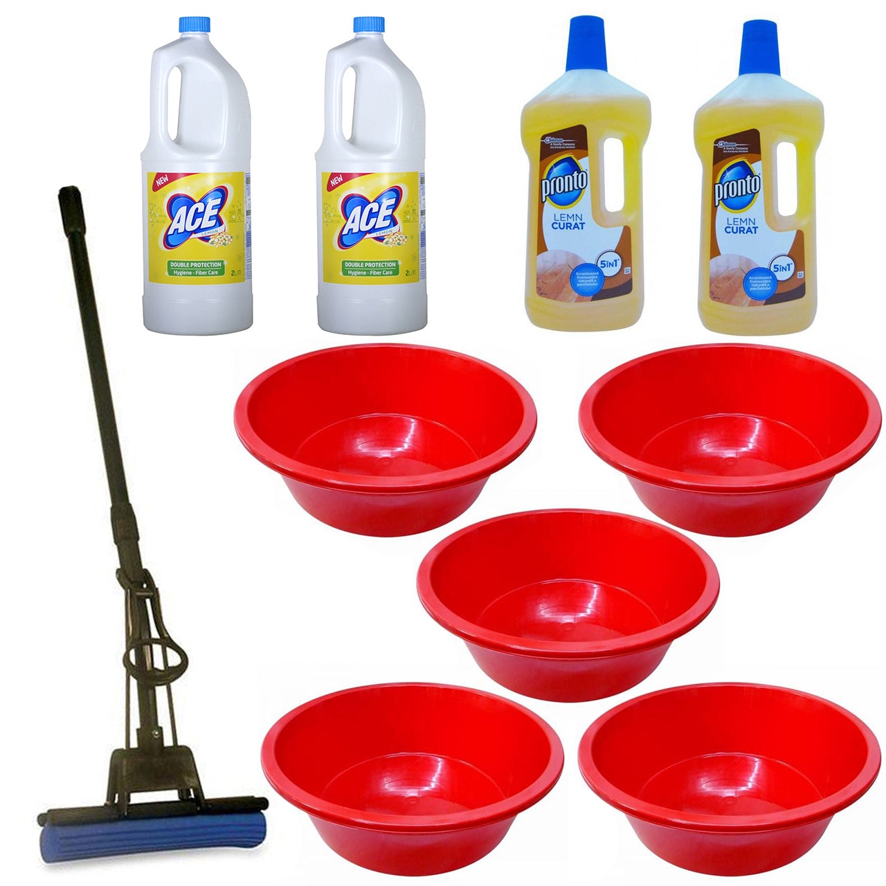 Pachet - 5 x Lighean rotund din plastic, 20L + 2 x Ace Lemon, 2L + 2 x Pronto pentru lemn, 750ml + Mop PVA cu coada telescopica si storcator