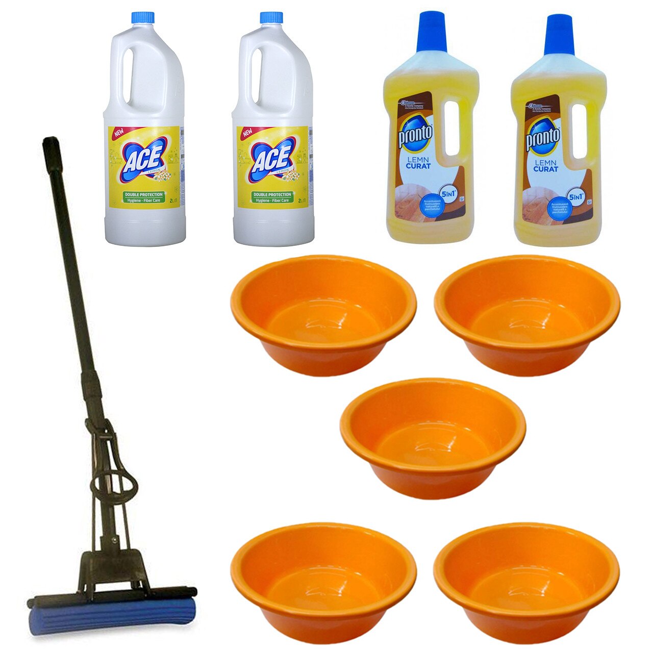 Pachet - 5 x Lighean rotund din plastic, 25L + 2 x Ace Lemon, 2L + 2 x Pronto pentru lemn, 750ml + Mop PVA cu coada telescopica si storcator