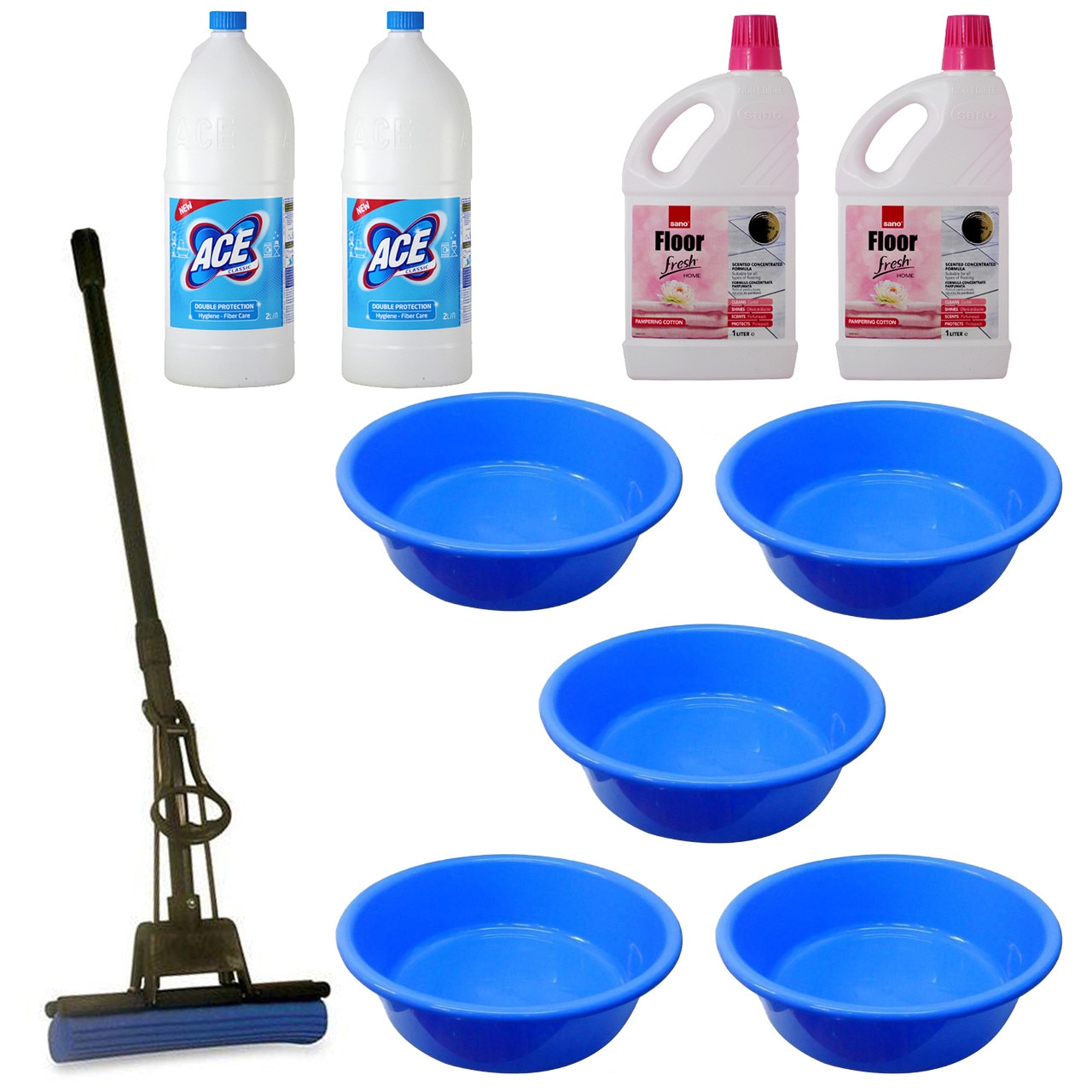 Pachet - 5 x Lighean rotund din plastic, 30L + 2 x Ace Universal, 2L + 2 x Sano Floor Fresh Home, 1L + Mop PVA cu coada telescopica si storcator