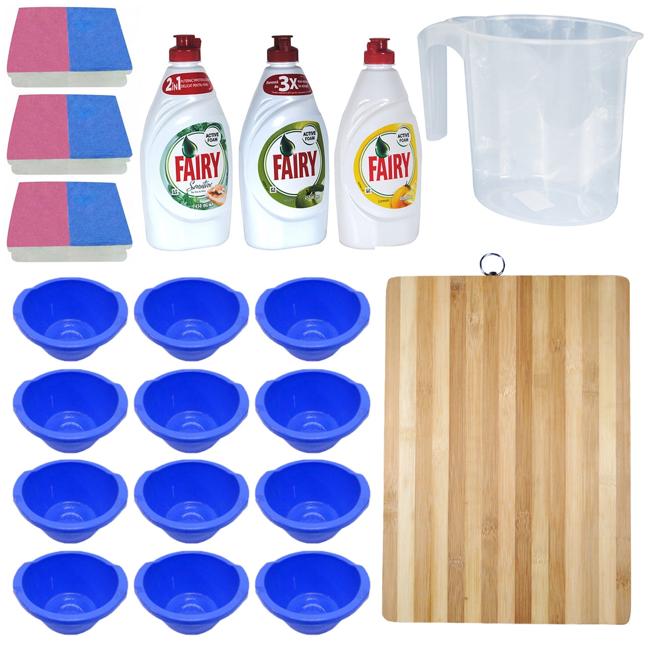 Pachet - 12 x Lighean rotund din plastic cu manere, 3L + 3 x Set Bureti de Vase, 2buc/set + 3 x Detergent vase, Fairy, 450ml (lamaie, mar verde, menta) + Tocator din lemn, 38x28cm + Cana gradata din plastic transparenta, 1L