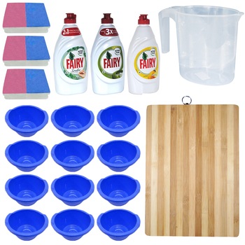 Pachet - 12 x Lighean rotund din plastic cu manere, 3L + 3 x Set Bureti de Vase, 2buc/set + 3 x Detergent vase, Fairy, 450ml (lamaie, mar verde, menta) + Tocator din lemn, 38x28cm + Cana gradata din plastic transparenta, 1L Pachet - 12 x Lighean rotund din plastic cu manere, 3L + 3 x Set Bureti de Vase, 2buc/set + 3 x Detergent vase, Fairy, 450ml (lamaie, mar verde, menta) + Tocator din lemn, 38x28cm + Cana gradata din plastic transparenta, 1L