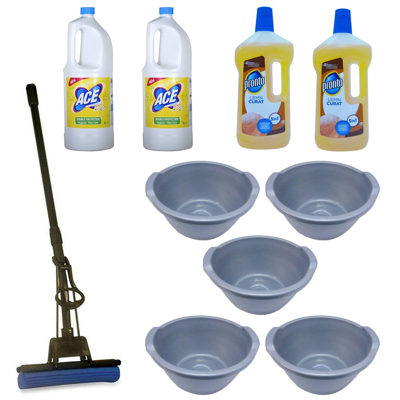 Pachet - 5 x Lighean rotund din plastic cu manere, 5L + 2 x Ace Lemon, 2L + 2 x Pronto pentru lemn, 750ml + Mop PVA cu coada telescopica si storcator