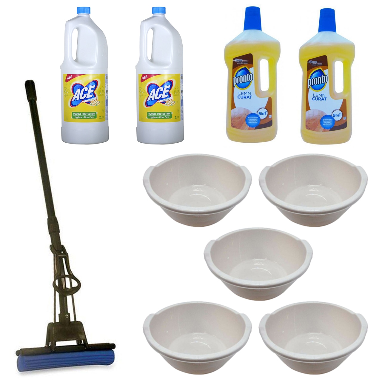 Pachet - 5 x Lighean rotund din plastic cu manere din plastic, 12L + 2 x Ace Lemon, 2L + 2 x Pronto pentru lemn, 750ml + Mop PVA cu coada telescopica si storcator