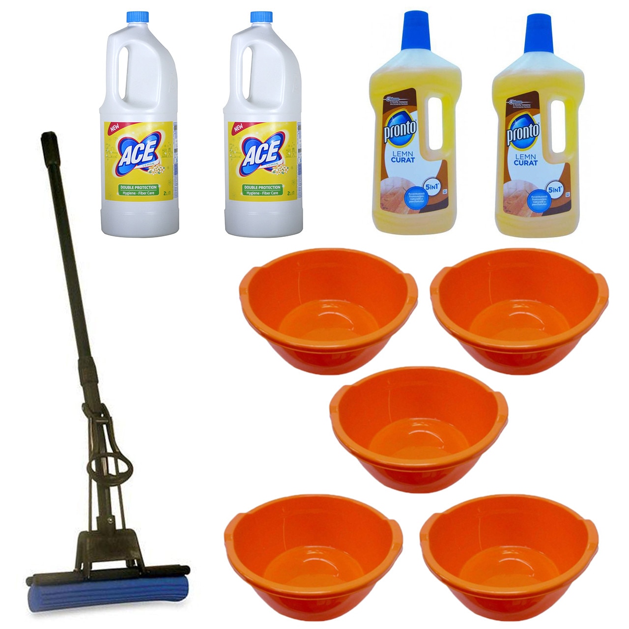 Pachet - 5 x Lighean rotund din plastic cu manere, 14L + 2 x Ace Lemon, 2L + 2 x Pronto pentru lemn, 750ml + Mop PVA cu coada telescopica si storcator