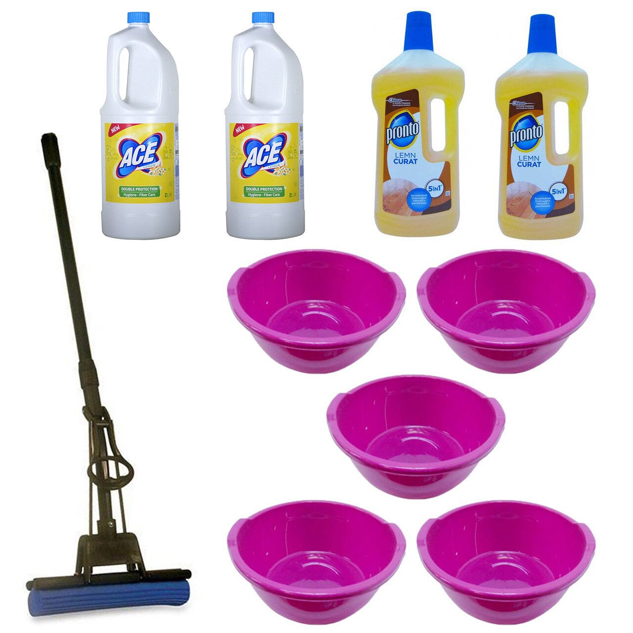 Pachet - 5 x Lighean rotund din plastic cu manere, 15L + 2 x Ace Lemon, 2L + 2 x Pronto pentru lemn, 750ml + Mop PVA cu coada telescopica si storcator