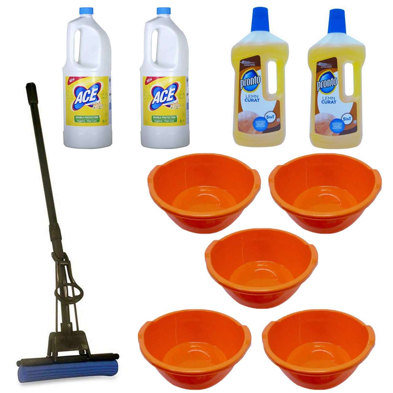 Pachet - 5 x Lighean rotund din plastic cu manere, 20L + 2 x Ace Lemon, 2L + 2 x Pronto pentru lemn, 750ml + Mop PVA cu coada telescopica si storcator