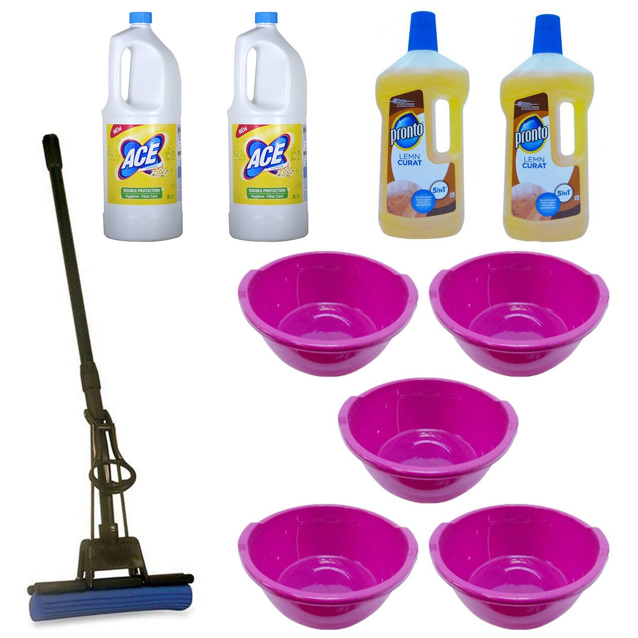 Pachet - 5 x Lighean rotund din plastic cu manere, 22L + 2 x Ace Lemon, 2L + 2 x Pronto pentru lemn, 750ml + Mop PVA cu coada telescopica si storcator