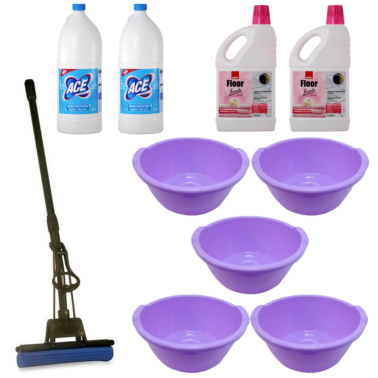 Pachet - 5 x Lighean rotund din plastic cu manere, 25L + 2 x Ace Universal, 2L + 2 x Sano Floor Fresh, 1L + Mop PVA cu coada telescopica si storcator