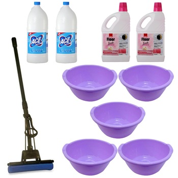 Pachet - 5 x Lighean rotund din plastic cu manere, 25L + 2 x Ace Universal, 2L + 2 x Sano Floor Fresh, 1L + Mop PVA cu coada telescopica si storcator Pachet - 5 x Lighean rotund din plastic cu manere, 25L + 2 x Ace Universal, 2L + 2 x Sano Floor Fresh, 1L + Mop PVA cu coada telescopica si storcator