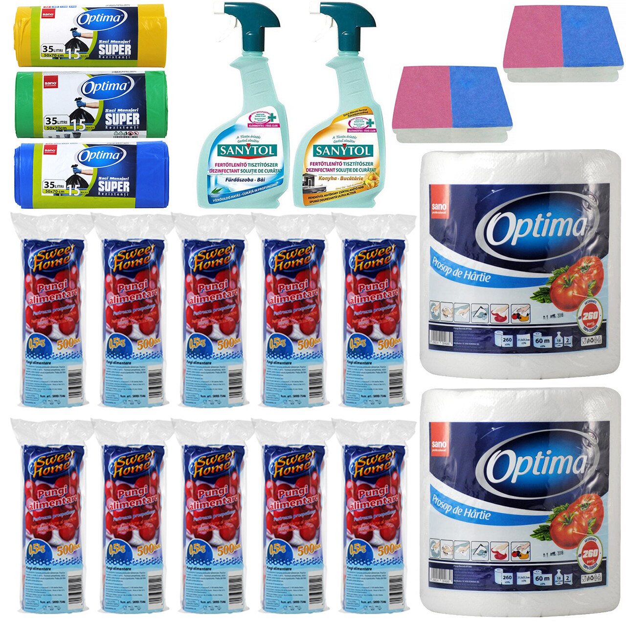 Pachet - 10 x Rola Pungi alimentare, 16x24cm, 0.5kg, 500buc/Rola + 2 x Prosop bucatarie, Sano Optima, 2 straturi, 60M + 3 x Saci menajeri, 35L (Verde, Galben, Albastru) + 2 x Dezinfectant, Sanytol, 500ml (Bucatarie, Baie) + 2 x Set Bureti, 2buc/Set