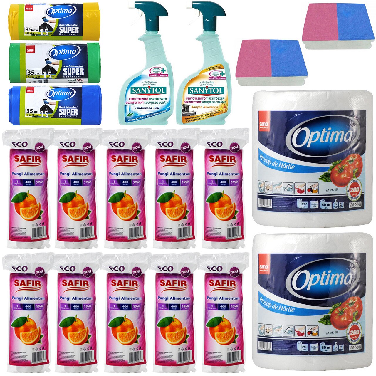 Pachet - 10 x Rola Pungi alimentare, 19x24cm, 1kg, 400buc/Rola + 2 x Prosop bucatarie, Sano Optima, 2 straturi, 60M + 3 x Saci menajeri, 35L (Verde, Galben, Albastru) + 2 x Dezinfectant, Sanytol, 500ml (Bucatarie, Baie) + 2 x Set Bureti, 2buc/Set