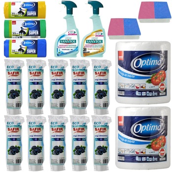 Pachet - 10 x Rola Pungi alimentare, 22x28cm, 2kg, 400buc/Rola + 2 x Prosop bucatarie, Sano Optima, 2 straturi, 60M + 3 x Saci menajeri, 35L (Verde, Galben, Albastru) + 2 x Dezinfectant, Sanytol, 500ml (Bucatarie, Baie) + 2 x Set Bureti, 2buc/Set Pachet - 10 x Rola Pungi alimentare, 22x28cm, 2kg, 400buc/Rola + 2 x Prosop bucatarie, Sano Optima, 2 straturi, 60M + 3 x Saci menajeri, 35L (Verde, Galben, Albastru) + 2 x Dezinfectant, Sanytol, 500ml (Bucatarie, Baie) + 2 x Set Bureti, 2buc/Set