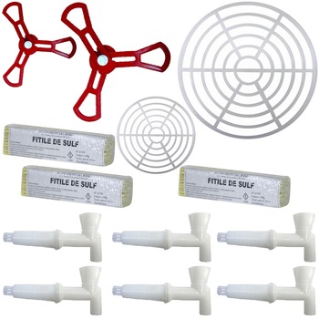 Pachet - 6 x Robinet din plastic cu cep pentru butoi + 3 x Fitile de sulf + 2 x Presa alba din plastic butoi pentru muraturi, (28cm, 45cm) + 2 x Presa in cruce pentru butoi (23cm, 31.5cm) Pachet - 6 x Robinet din plastic cu cep pentru butoi + 3 x Fitile de sulf + 2 x Presa alba din plastic butoi pentru muraturi, (28cm, 45cm) + 2 x Presa in cruce pentru butoi (23cm, 31.5cm)