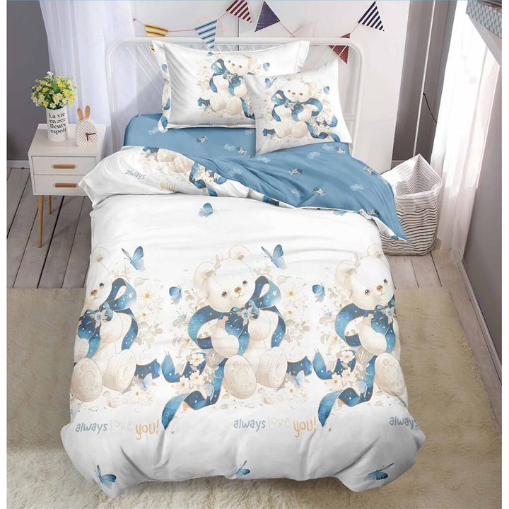 Set Lenjerie CHIRASO pentru copii, din FINET, pentru 1 sau 2 persoane, 4 piese, Cearceaf cu elastic 140 x 200 cm, Cearceaf pilota 155 x 200 cm, fata de perna 55 x 75 cm, cu imprimeu Ursuleti, alb-albastru pal
