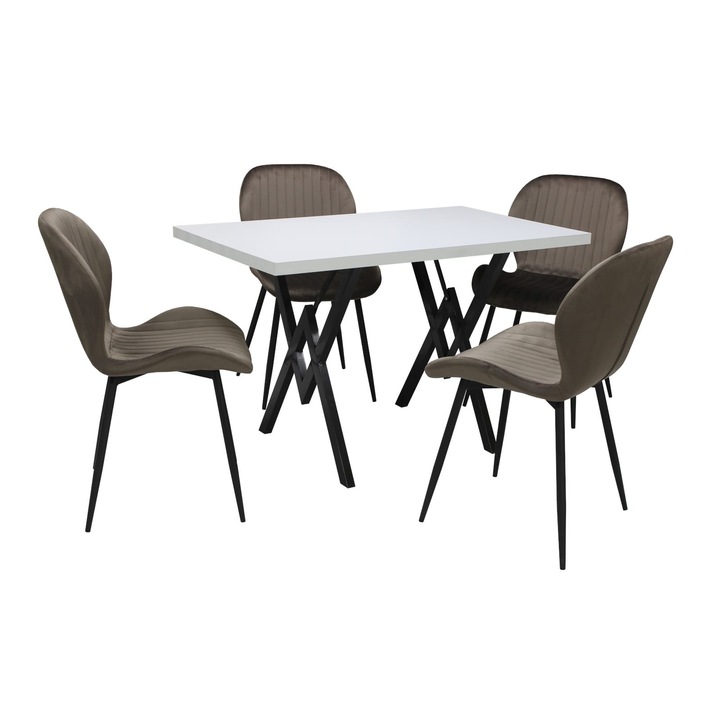 Set masa fixa Arta Alba cu 4 scaune Opal Maro, picioare negre, tapiterie din material textil, dreptunghiulara, blat din PAL laminat, 120x70x75 cm