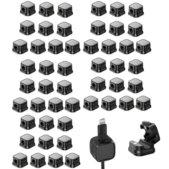 Set 50 organizatoare magnetice cabluri, Zola, autoadezive, ideale pentru cabluri de pana la 7.5 mm diametru, negre