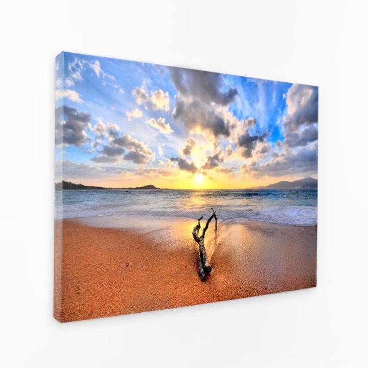 Комплект от три платнени маси - Залез на плажа, Дървени трупи, измиващи се на брега - 150x100 см