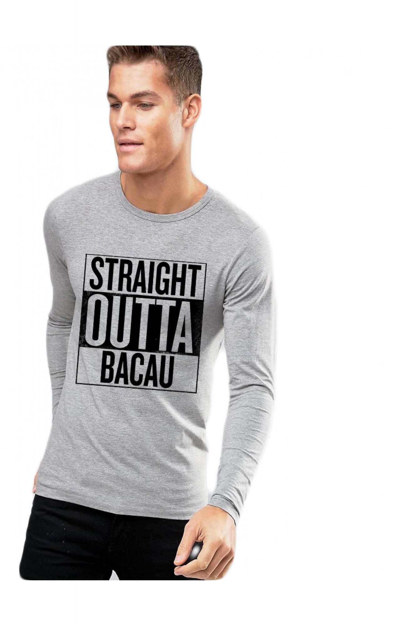 Bluza barbati gri cu text negru - Straight Outta Bacau