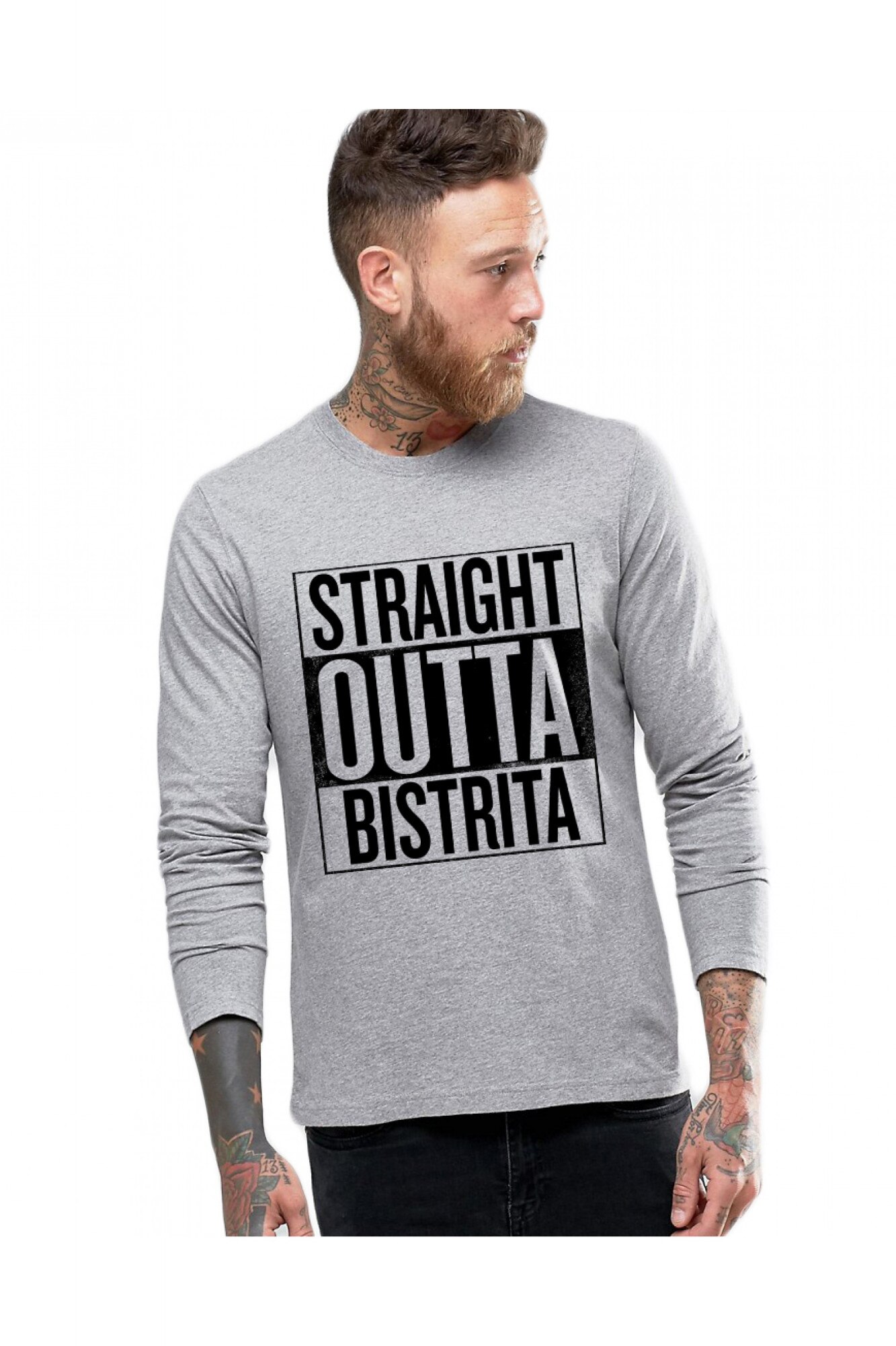 Bluza barbati gri cu text negru - Straight Outta Bistrita