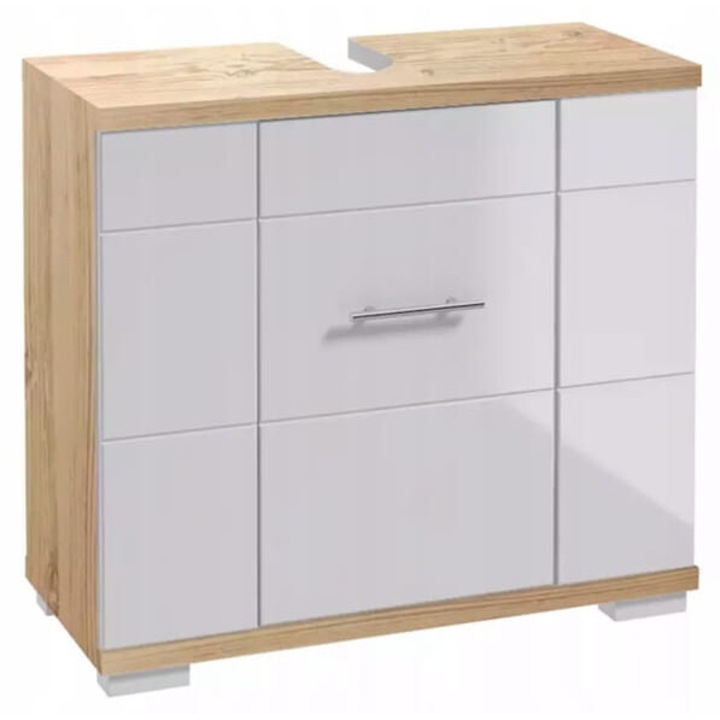 Dulap lavoar DomoDomo, 70x62.5x31.5cm, Stejar Sonoma, Alb lucios, 1 usa, cu decupaj pentru sifon, MDF