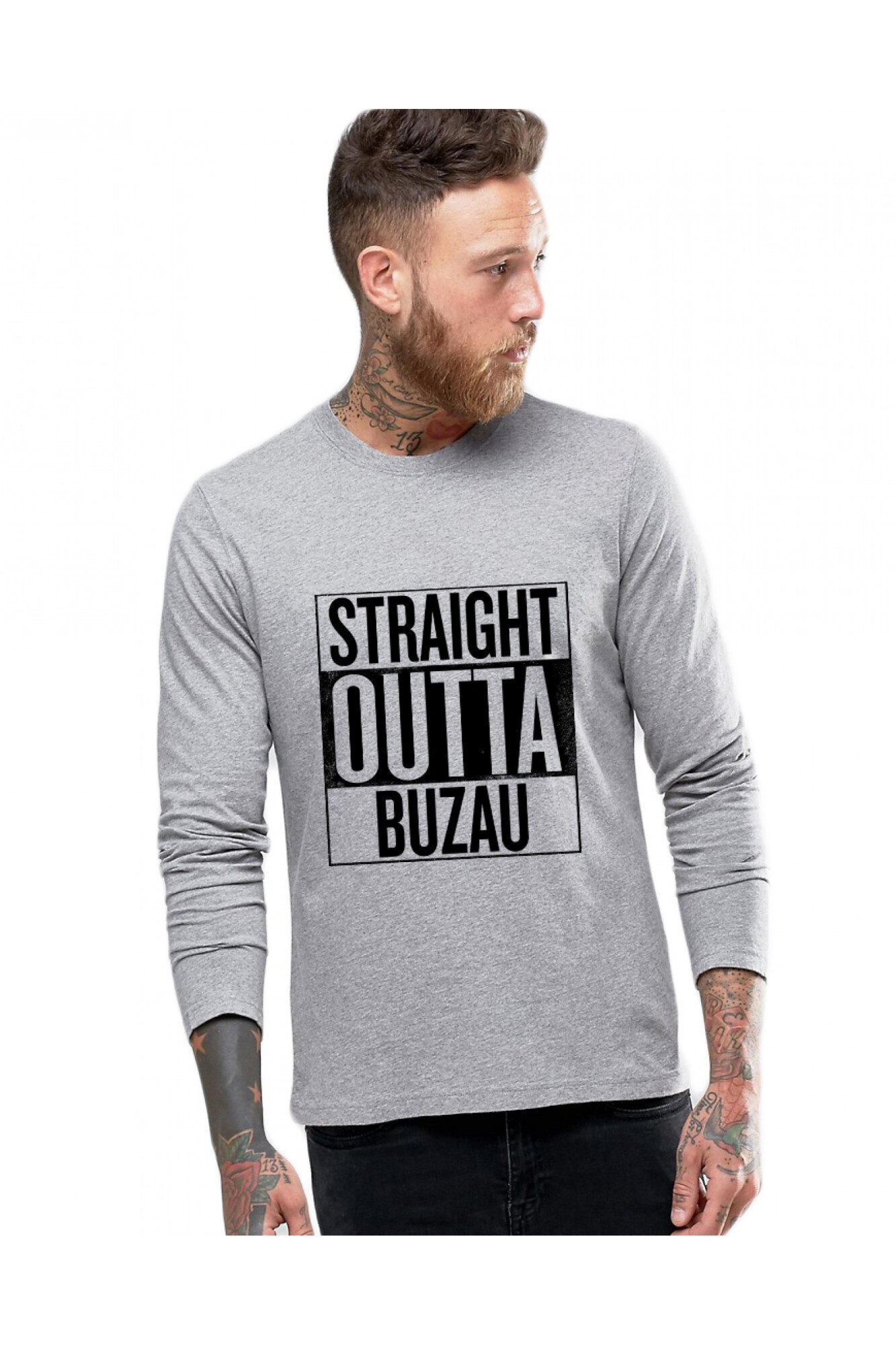 Bluza barbati gri cu text negru - Straight Outta Buzau