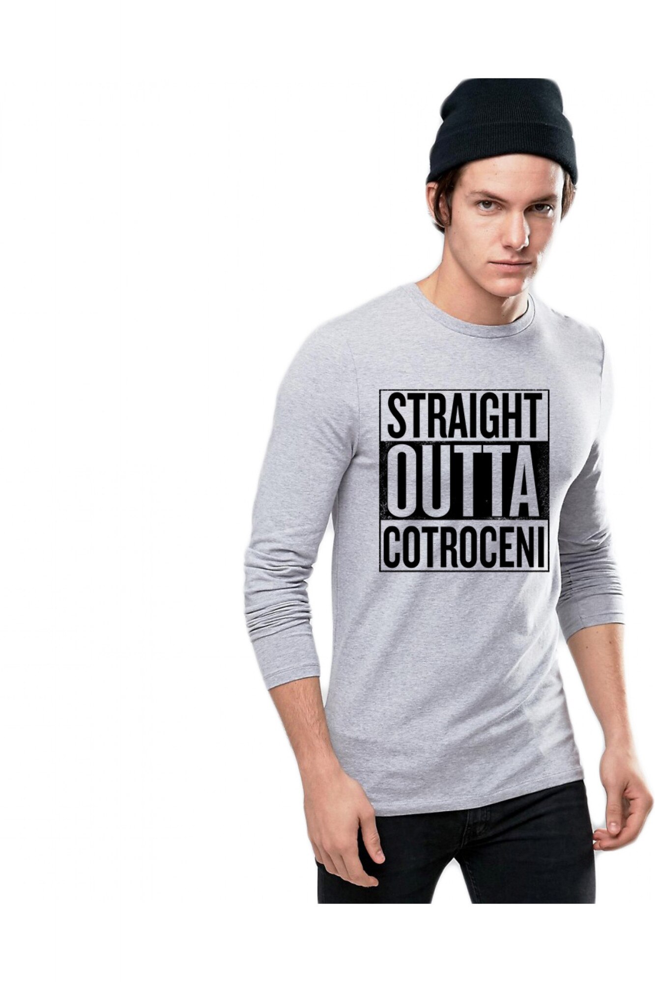 Bluza barbati gri cu text negru - Straight Outta Cotroceni