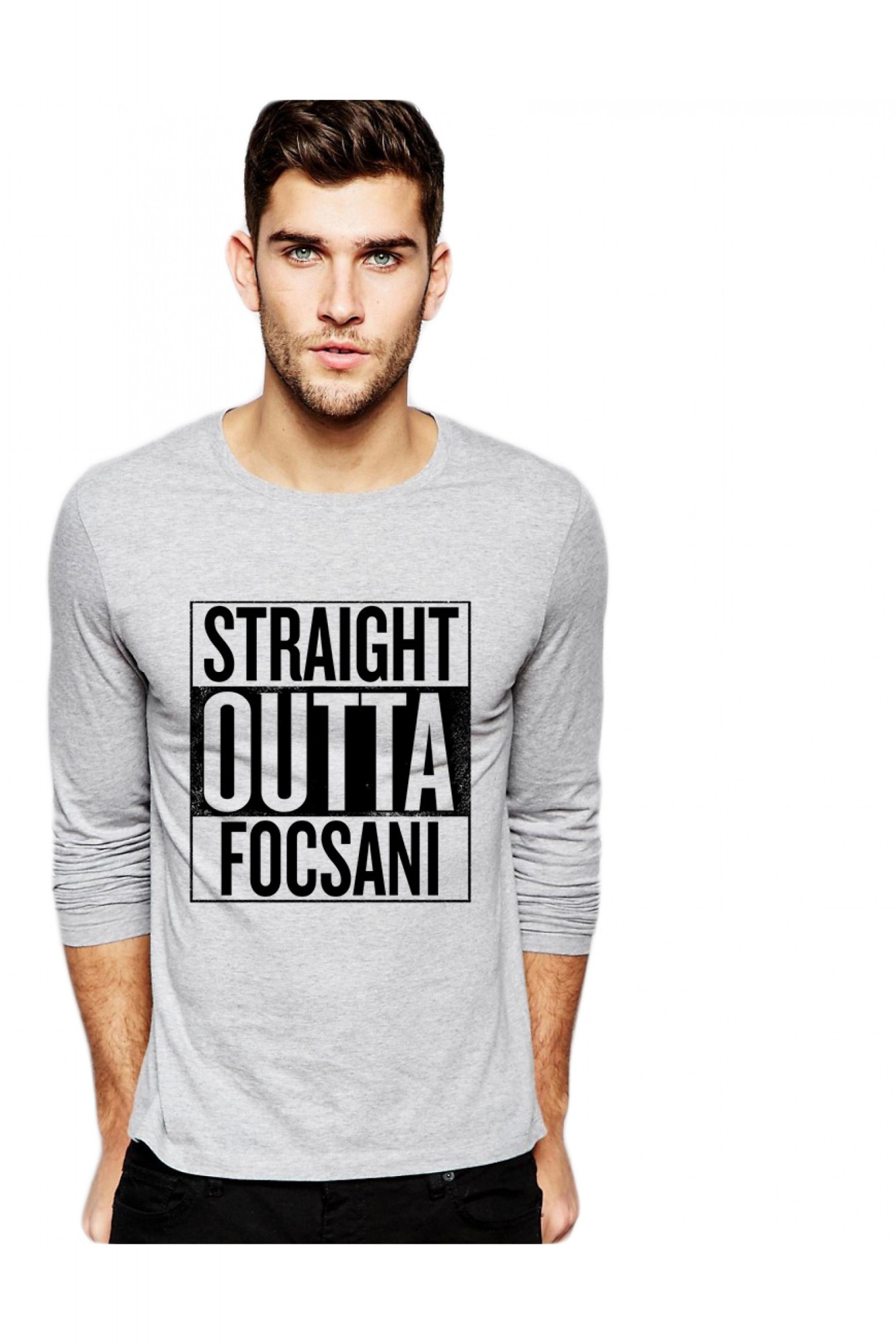 Bluza barbati gri cu text negru - Straight Outta Focsani