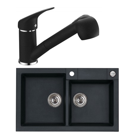 Pachet chiuveta Algranit Alveus Rock 90 A91 + baterie cu dus extractibil AM 20, 2 cuve, 790x500mm, Negru