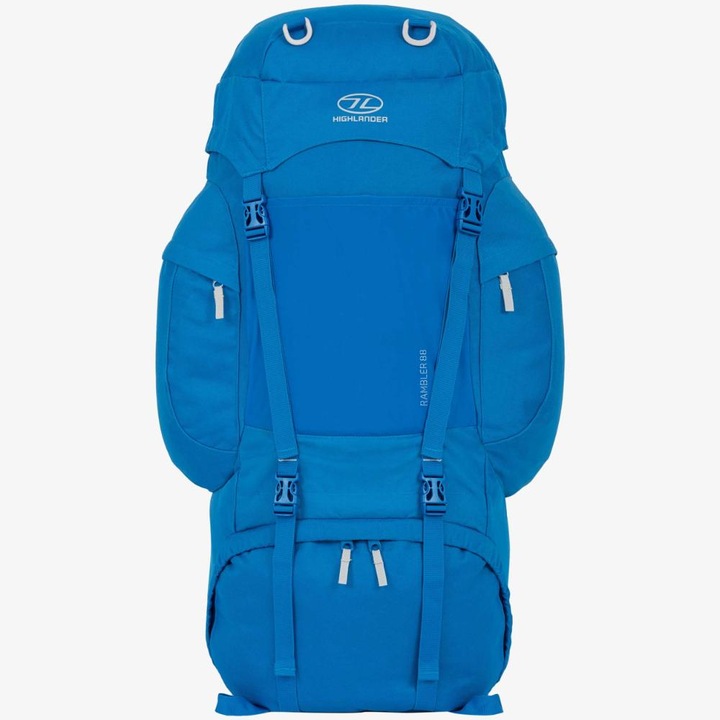 Rucsac drumetie Rambler 88L Highlander, 83x35x28cm, impermeabil, cu sistem Airmesh, albastru