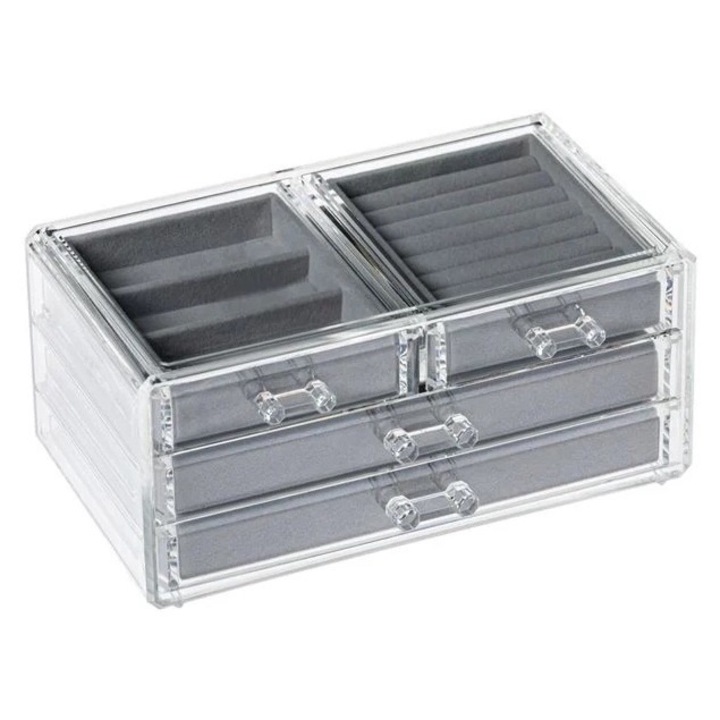Akril szervezőtartó, 4 hely az ékszereknek, 24x13.5x13cm, átlátszó/szürke