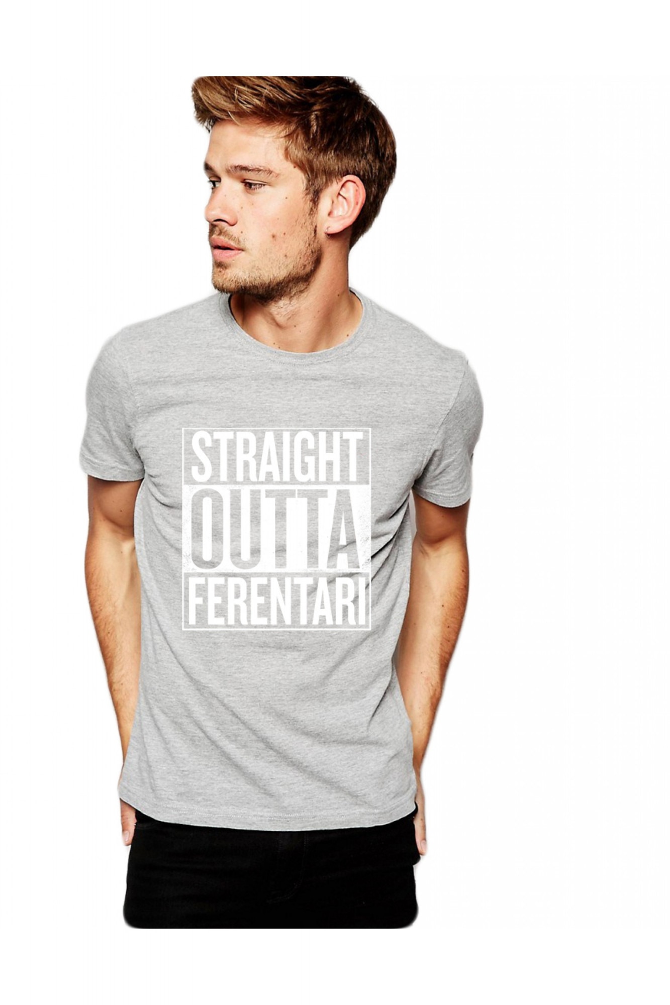 Tricou barbati gri cu text alb - Straight Outta Ferentari, Gri, XL