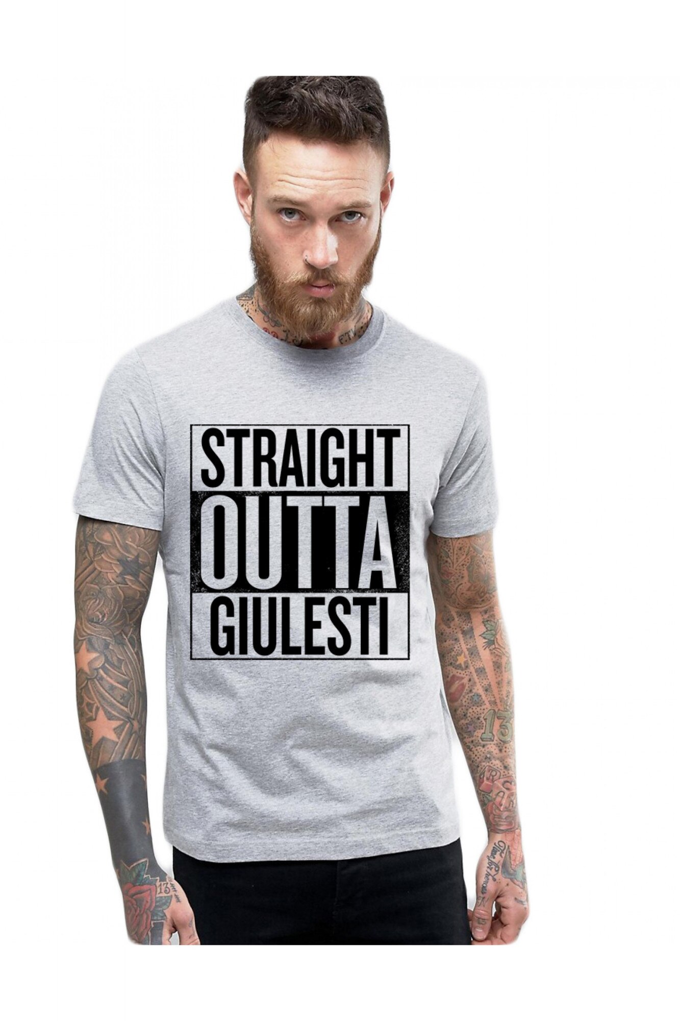 Tricou barbati gri cu text negru - Straight Outta Giulesti, 2XL