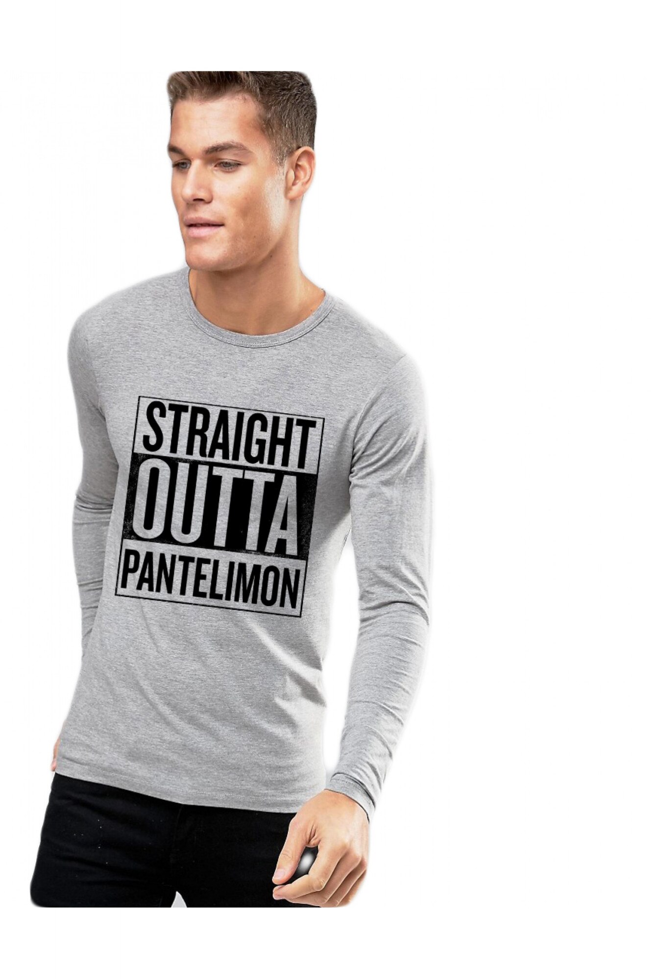 Bluza barbati gri cu text negru - Straight Outta Pantelimon
