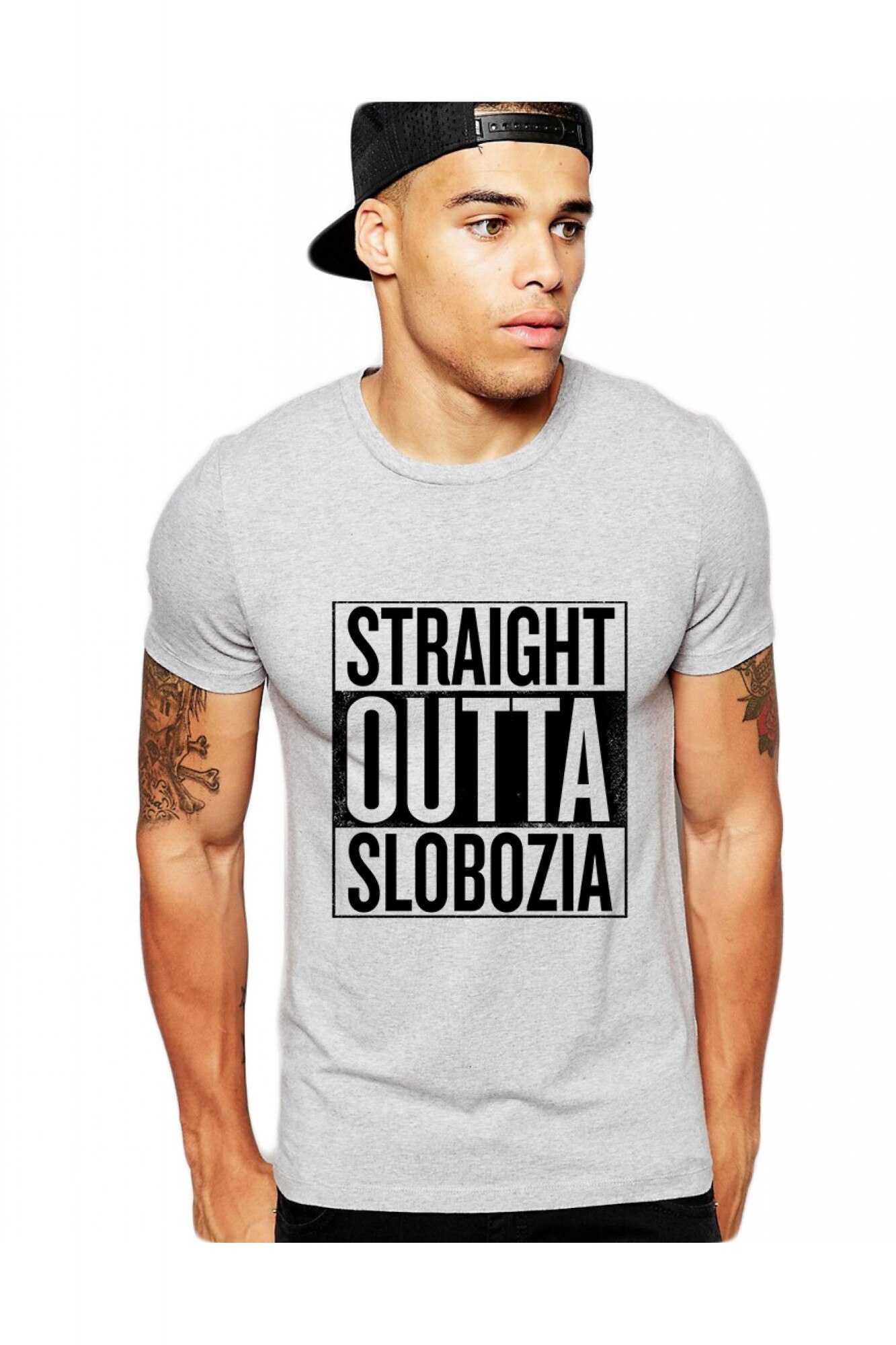 Tricou barbati gri cu text negru - Straight Outta Slobozia, Gri