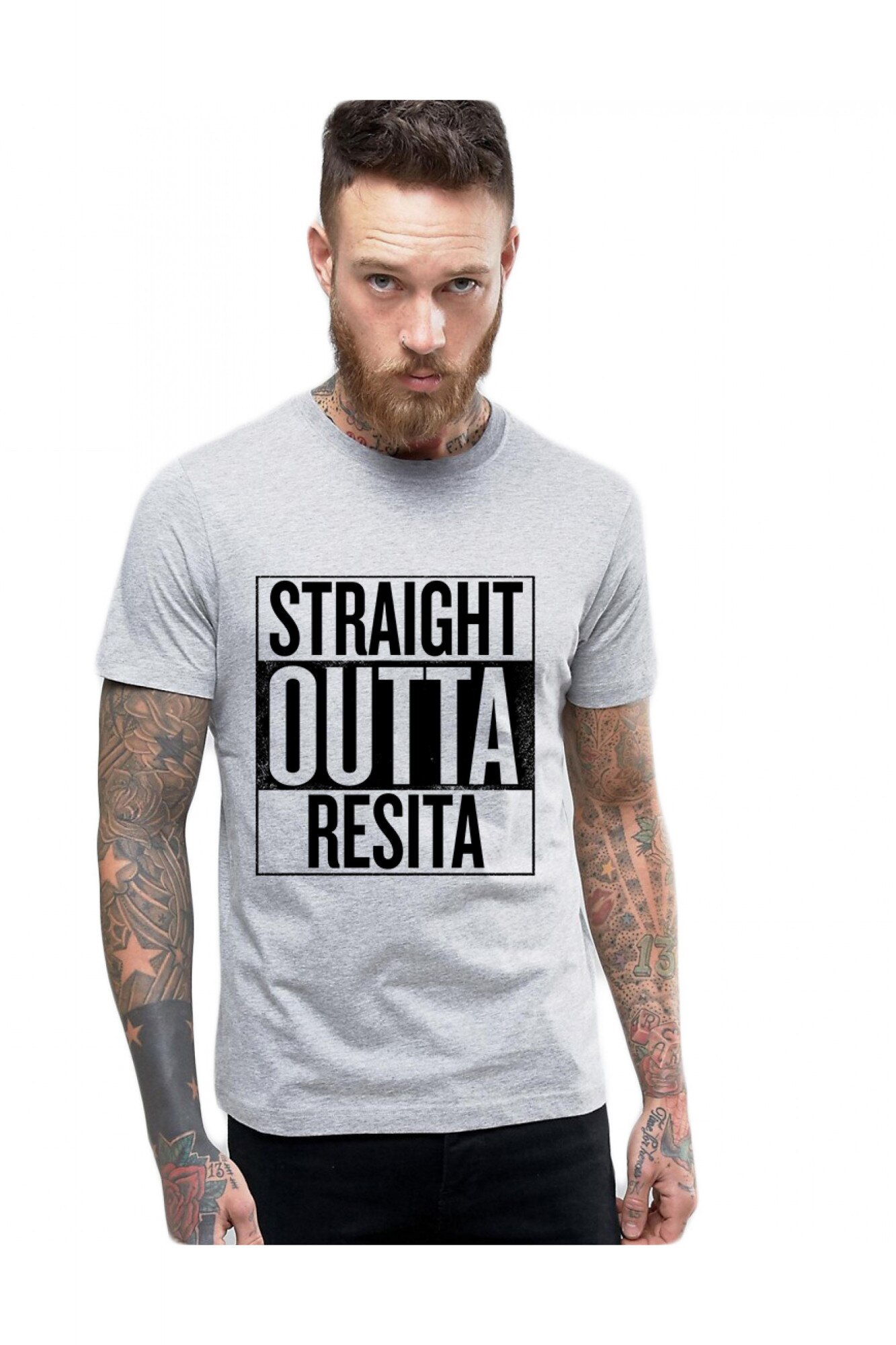 Tricou barbati gri cu text negru - Straight Outta Resita, Gri