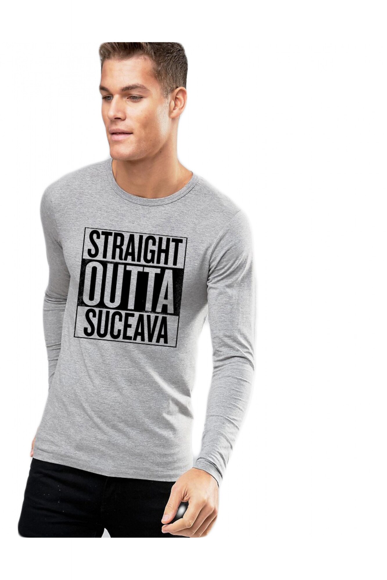 Bluza barbati gri cu text negru - Straight Outta Suceava