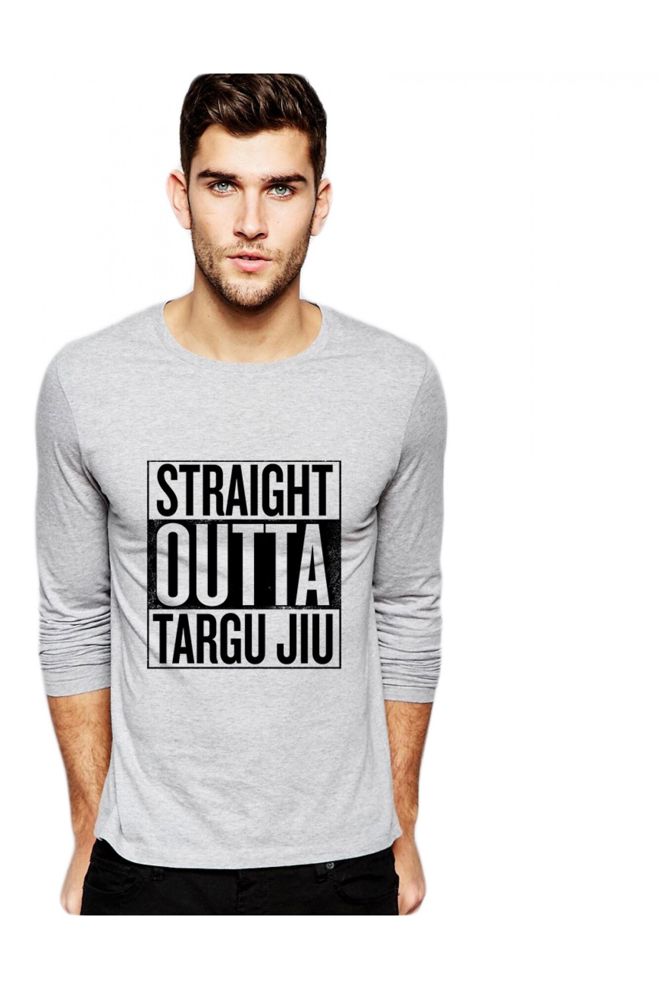 Bluza barbati gri cu text negru - Straight Outta Targu Jiu