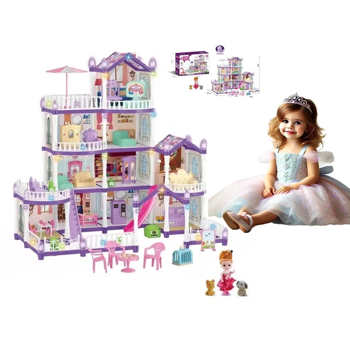 Къща за кукли PrincessVilla SmartViBE™, комплект за игра „Направи си сам“ с 280 ЧАСТИ, 4 етажа, 10 стаи, подвижни мебели и аксесоари, кукла и 2 домашни любимци, куче и котка, без BPA